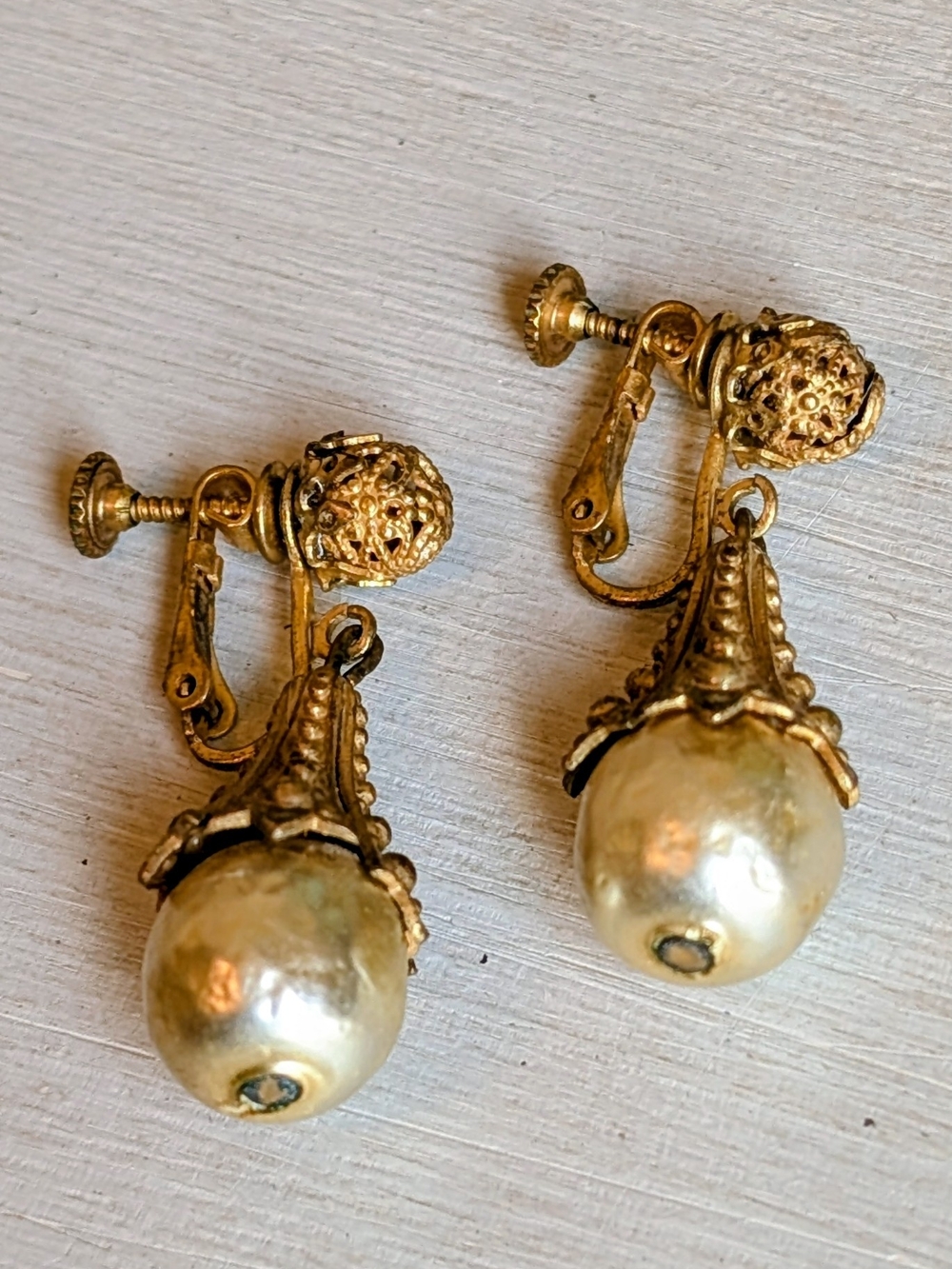 Miriam Haskell Gold-Tone Pearl Drop Clip-On Earrings